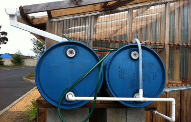 Rain barrels at the Lincoln County Master Gardener demonstration garden